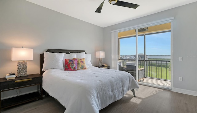 bedroom with ceiling fan, access to exterior, and wood-type flooring