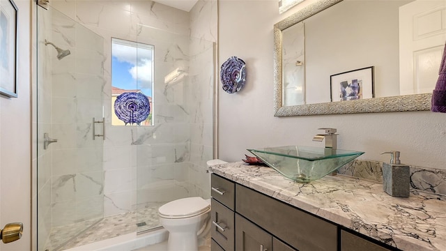 bathroom featuring vanity, toilet, and a shower with door