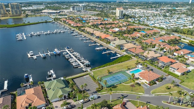 bird's eye view with a water view