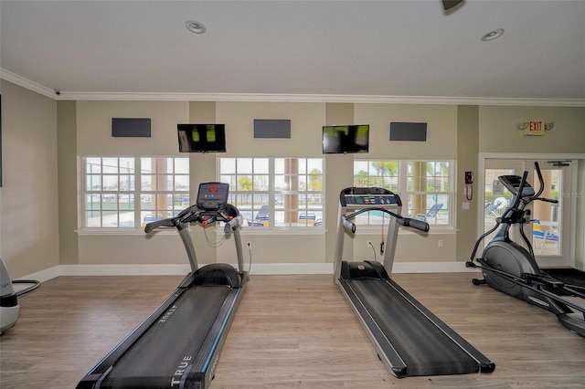 workout area with light wood-type flooring, crown molding, and a wealth of natural light