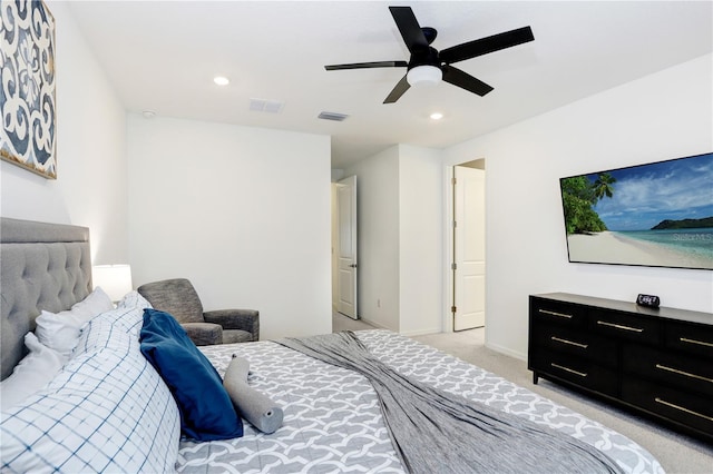 carpeted bedroom with ceiling fan