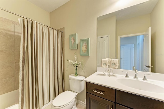 full bathroom featuring vanity, toilet, and shower / bathtub combination with curtain