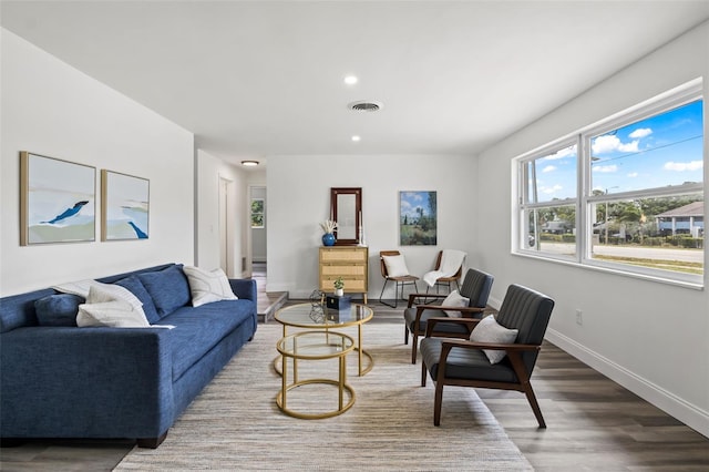 living room with dark hardwood / wood-style flooring