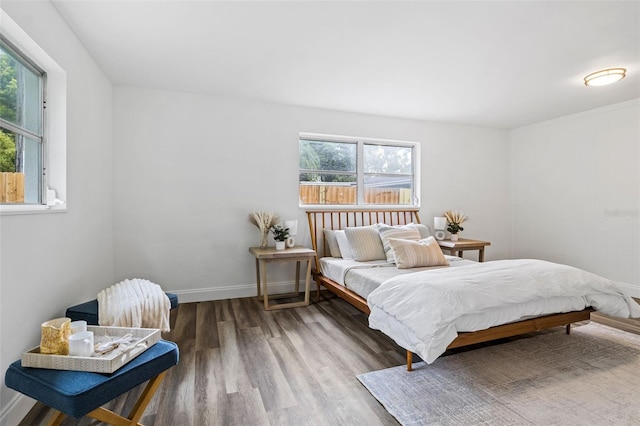 bedroom featuring wood-type flooring and multiple windows