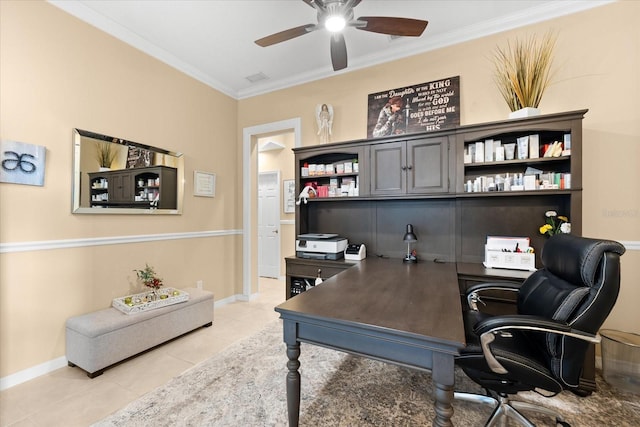 tiled home office with ornamental molding and ceiling fan