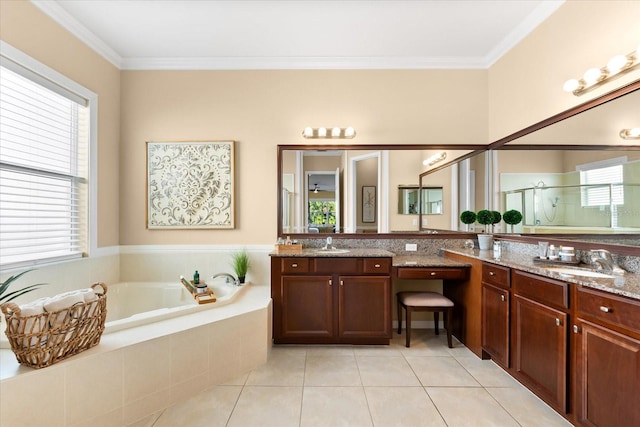 bathroom with independent shower and bath, ornamental molding, tile patterned floors, and vanity