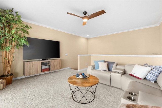 living room with ceiling fan, light colored carpet, and ornamental molding