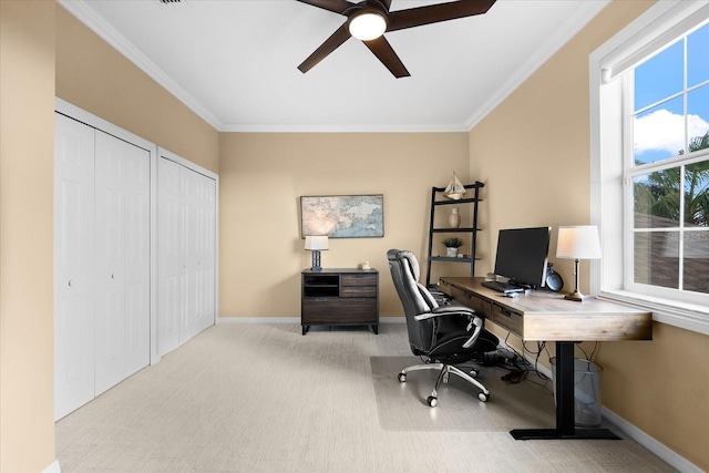 office area featuring light carpet and ornamental molding