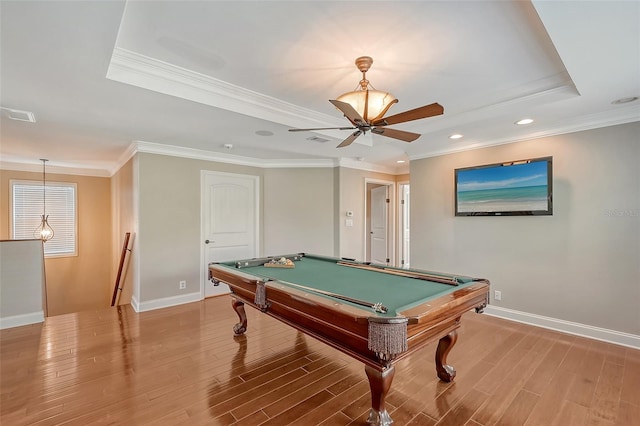 rec room featuring hardwood / wood-style flooring, crown molding, and pool table