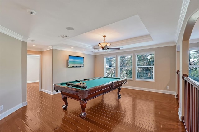 recreation room featuring hardwood / wood-style floors, ceiling fan, ornamental molding, and pool table