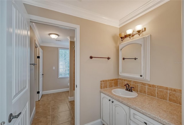 bathroom with toilet, tile patterned flooring, vanity, and ornamental molding