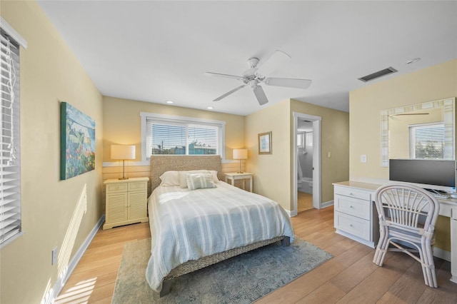 bedroom featuring light wood-type flooring and ceiling fan