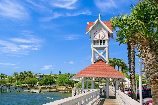 dock area featuring a gazebo and a water view