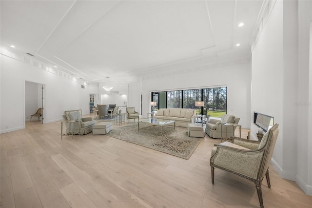 living room featuring light hardwood / wood-style floors and ornamental molding