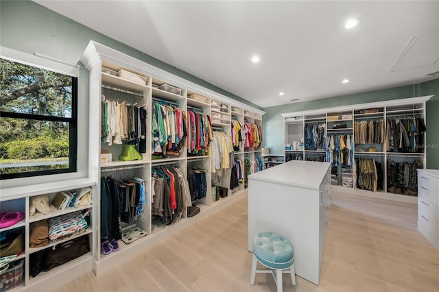 spacious closet featuring light hardwood / wood-style floors