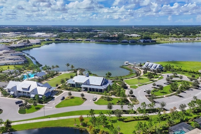 birds eye view of property featuring a water view