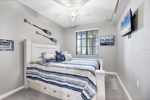 bedroom featuring carpet flooring, baseboards, and ceiling fan
