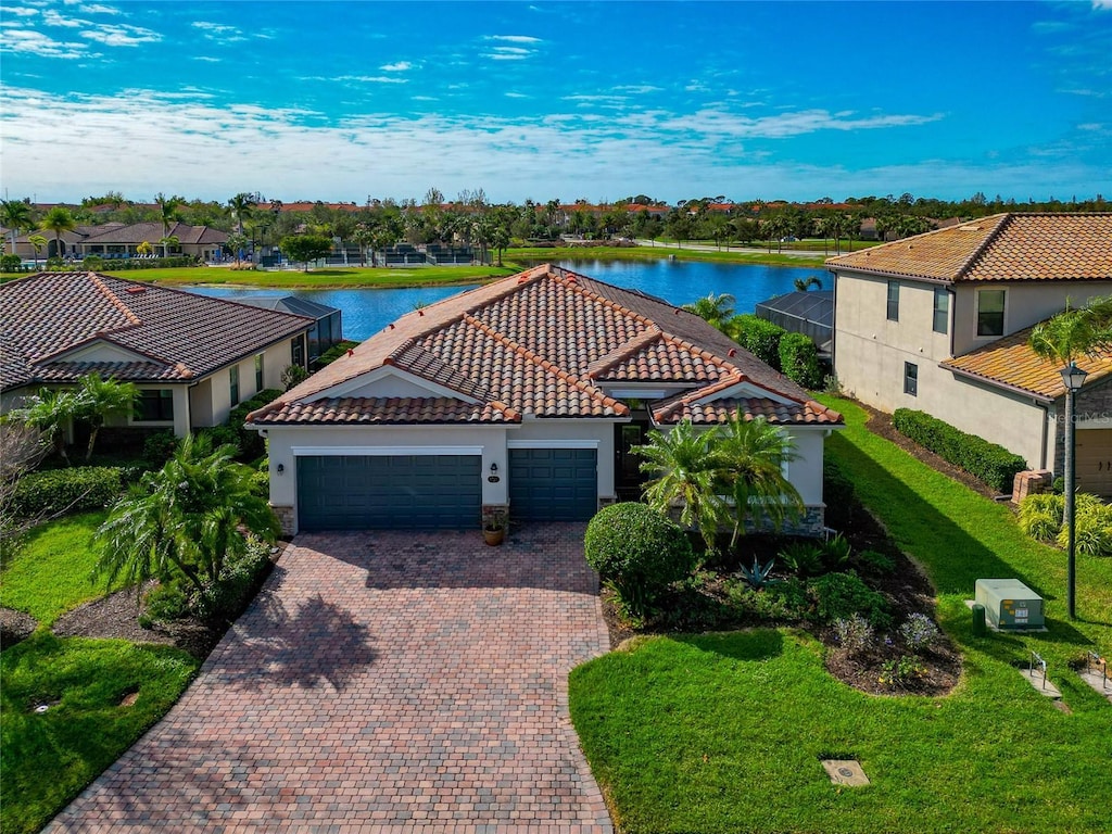 aerial view with a water view