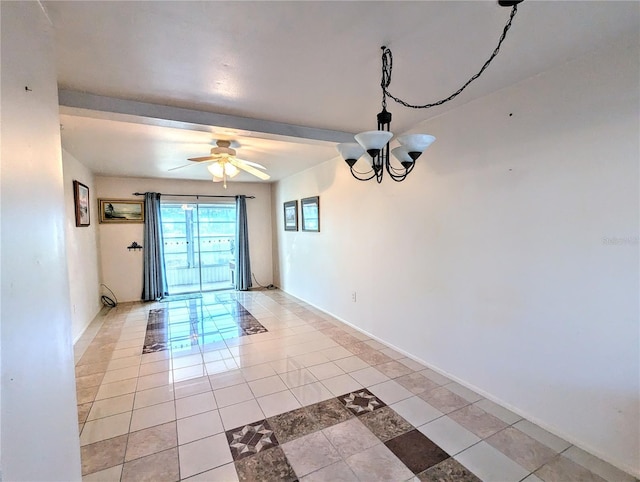 tiled empty room featuring ceiling fan with notable chandelier