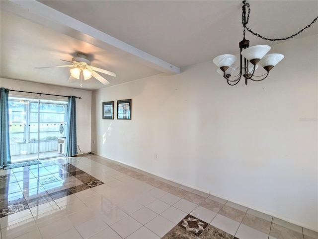 tiled spare room featuring beamed ceiling and ceiling fan with notable chandelier