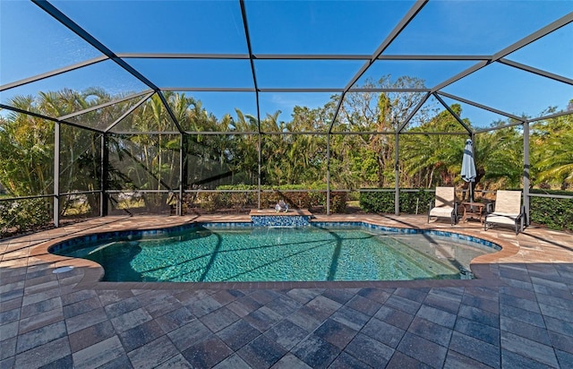 view of swimming pool with a lanai and a patio area