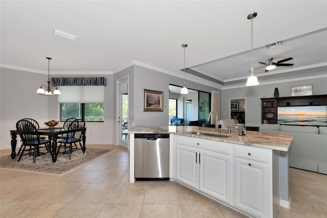 kitchen with white cabinetry, dishwasher, sink, hanging light fixtures, and an island with sink