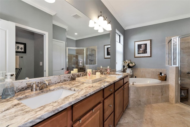 bathroom featuring vanity, crown molding, and independent shower and bath