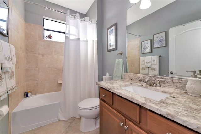 full bathroom with tile patterned floors, vanity, toilet, and shower / bathtub combination with curtain