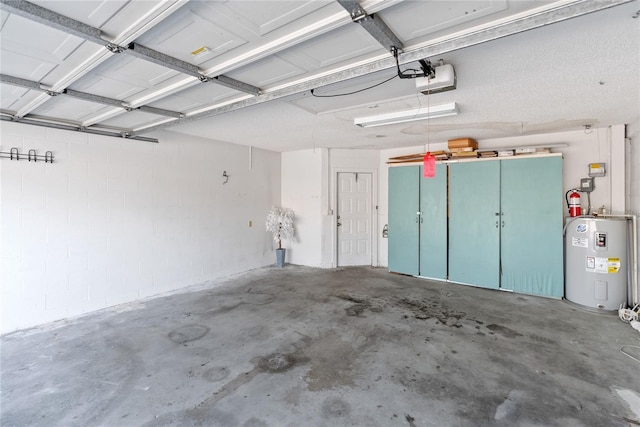 garage featuring a garage door opener and water heater