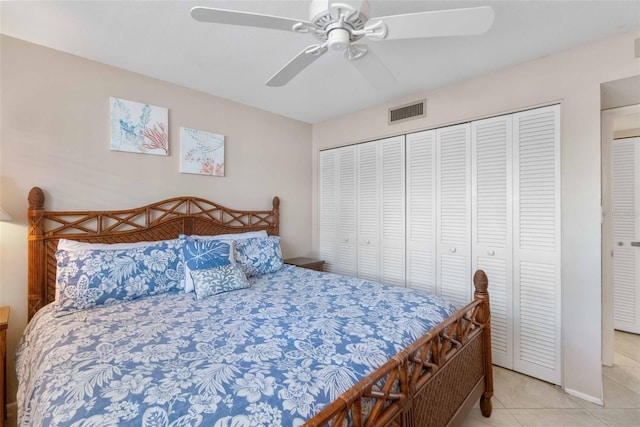 tiled bedroom featuring ceiling fan and a closet