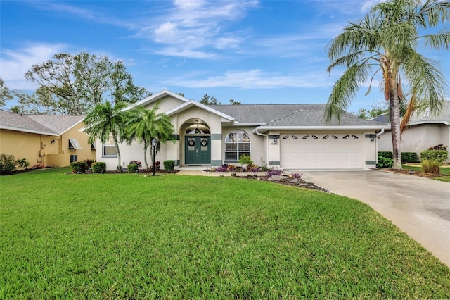 single story home featuring a garage and a front yard