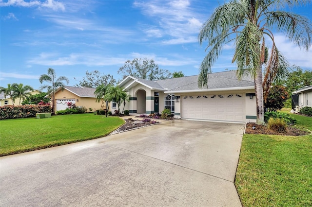 ranch-style home featuring a garage and a front lawn