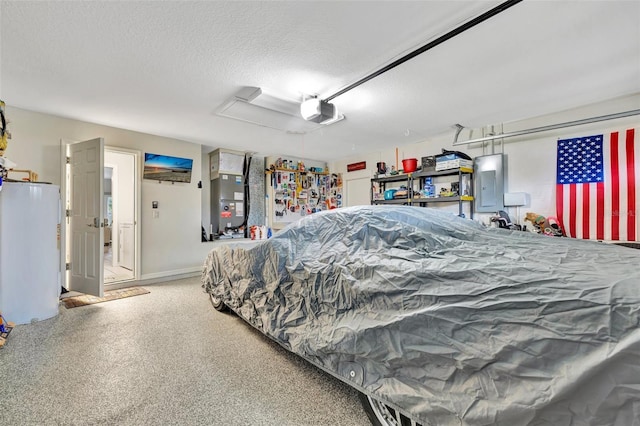 bedroom with a textured ceiling, electric panel, and water heater