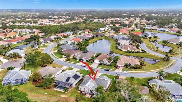 aerial view featuring a water view