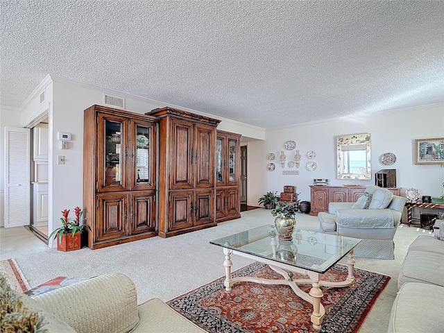 carpeted living room featuring a textured ceiling and ornamental molding