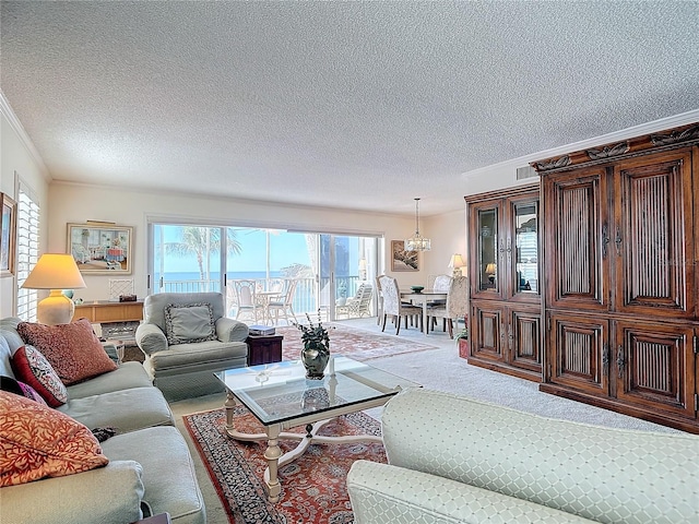 living room with ornamental molding, a textured ceiling, and a wealth of natural light