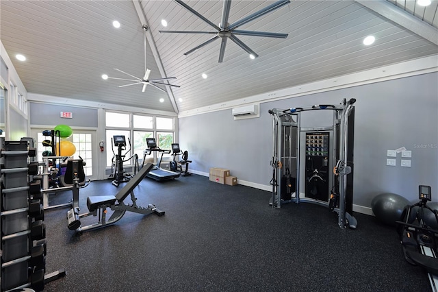 exercise room with high vaulted ceiling, ceiling fan, wood ceiling, and a wall unit AC