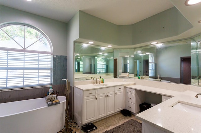 bathroom featuring wood-type flooring, vanity, a tub to relax in, and a healthy amount of sunlight