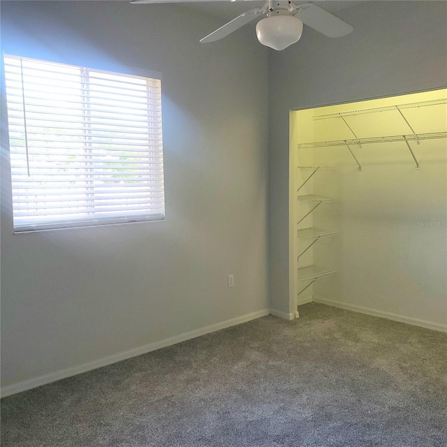 unfurnished bedroom featuring multiple windows, carpet floors, a closet, and ceiling fan