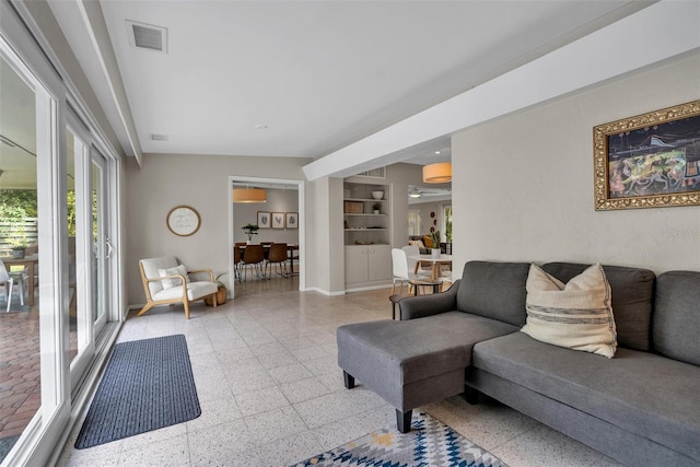 living room with built in shelves