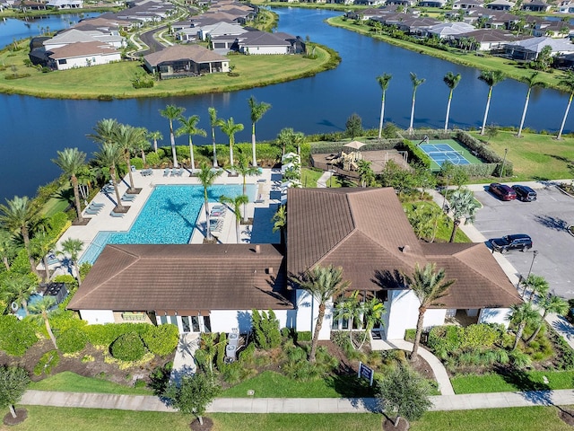 drone / aerial view with a water view