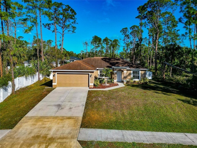 ranch-style house with a garage and a front yard