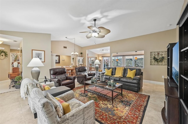 living room with light tile patterned floors, ceiling fan with notable chandelier, and vaulted ceiling