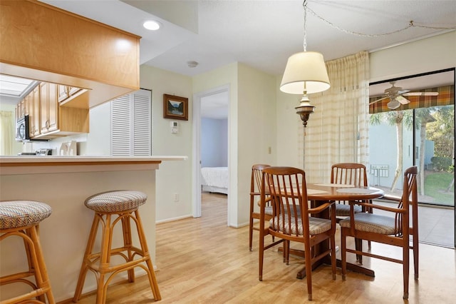 dining room with ceiling fan and light hardwood / wood-style floors