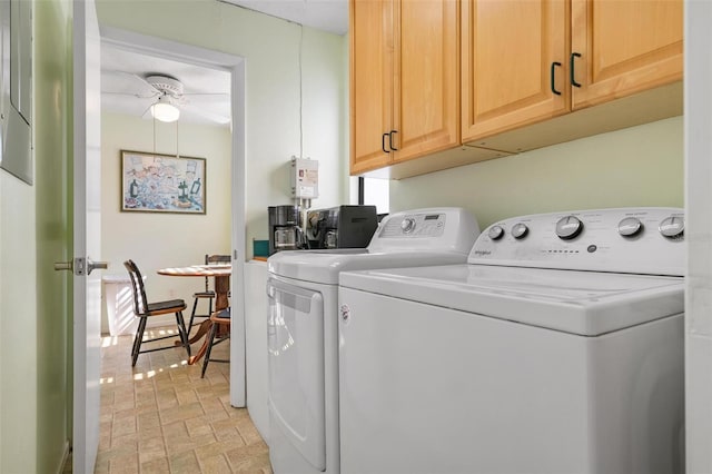 laundry room featuring washer and clothes dryer, ceiling fan, and cabinets