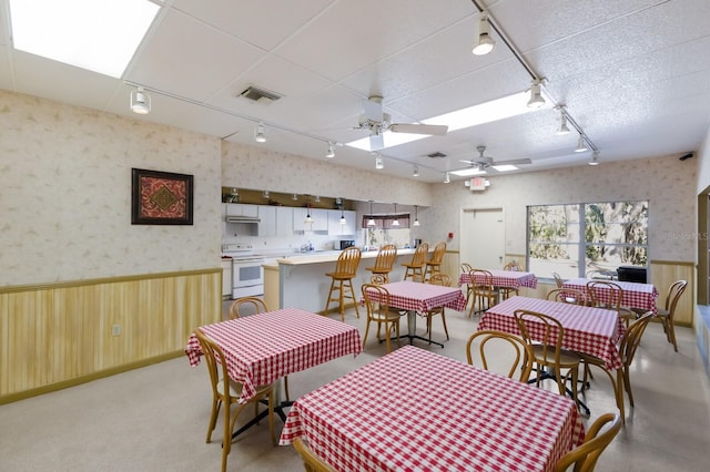 dining area with ceiling fan, wood walls, and rail lighting