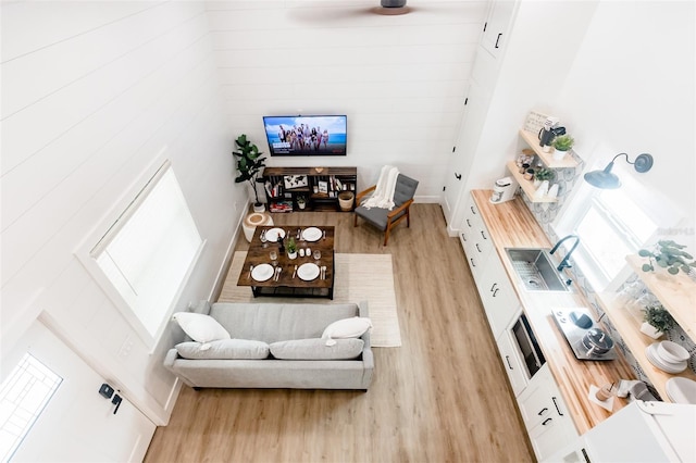 living room featuring wood walls, sink, and light hardwood / wood-style flooring