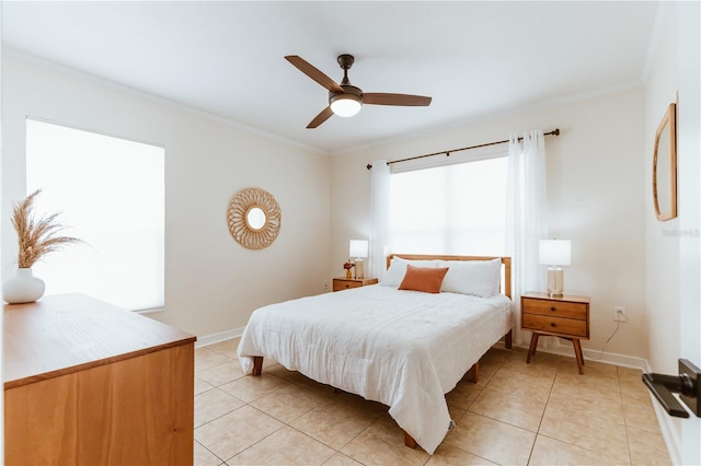 bedroom with ceiling fan, crown molding, and light tile patterned floors