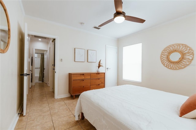 bedroom featuring ceiling fan, light tile patterned floors, and crown molding