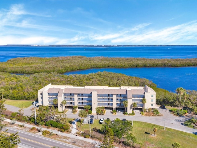 drone / aerial view with a water view